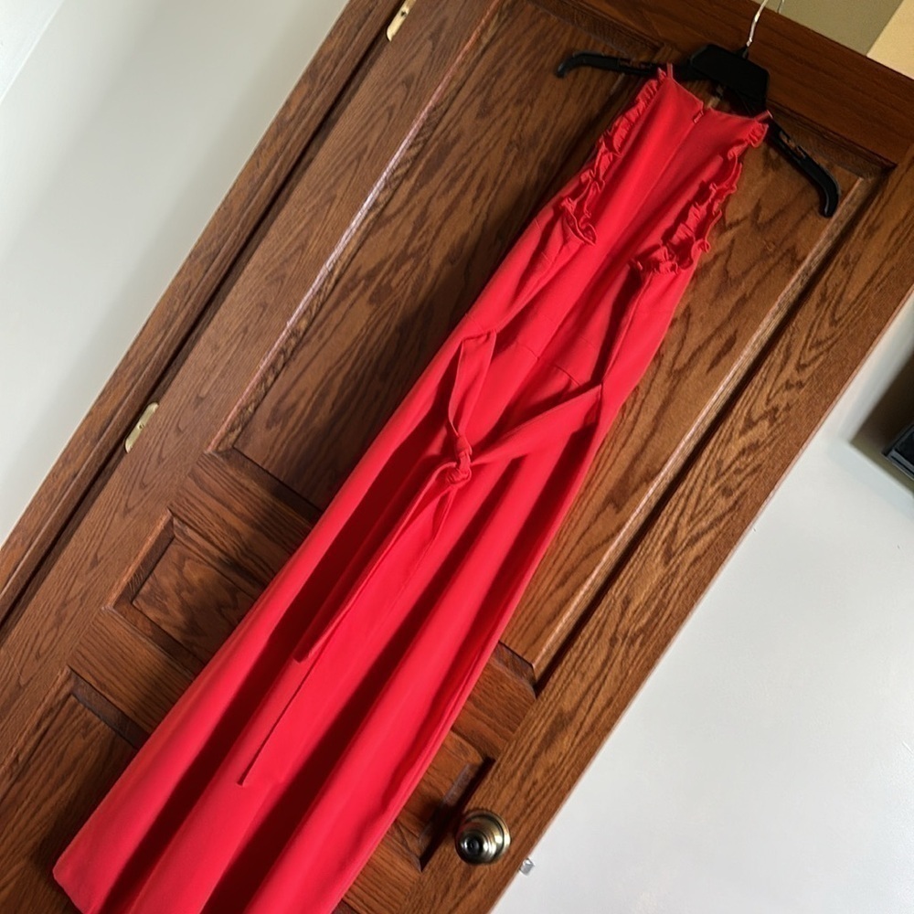 CeCe sleeveless wide leg red back zip stunning lined ruffle belted jumpsuit 4 - Picture 6 of 12